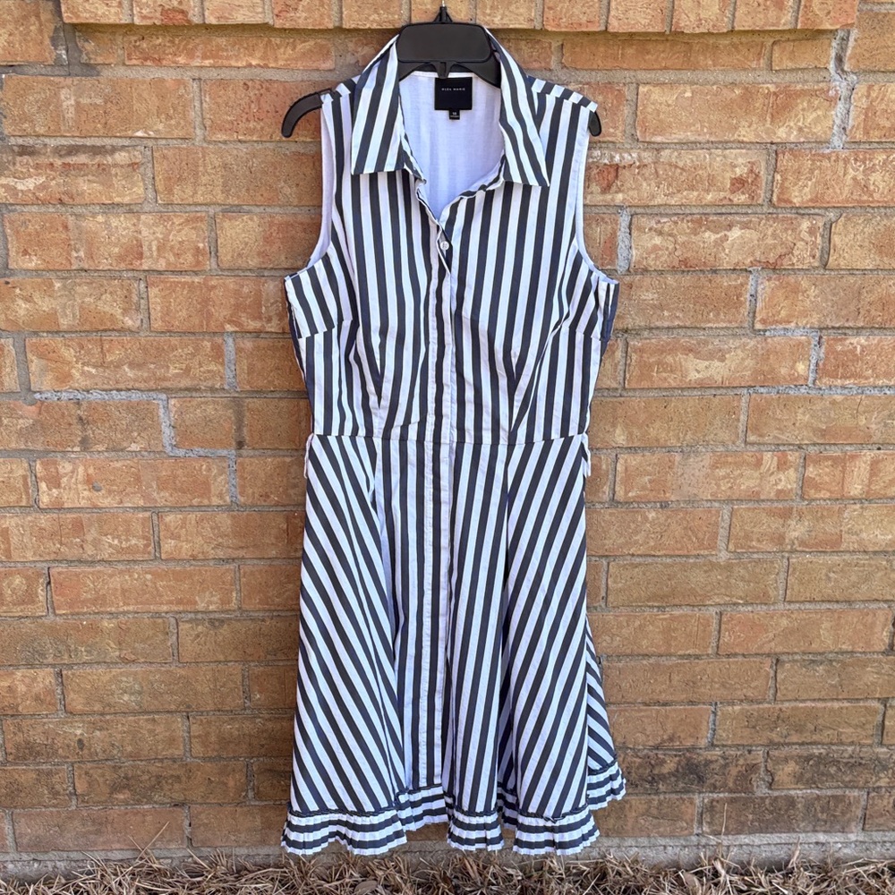 Alex Marie Black and White Striped Sleeveless Midi Shirt Dress